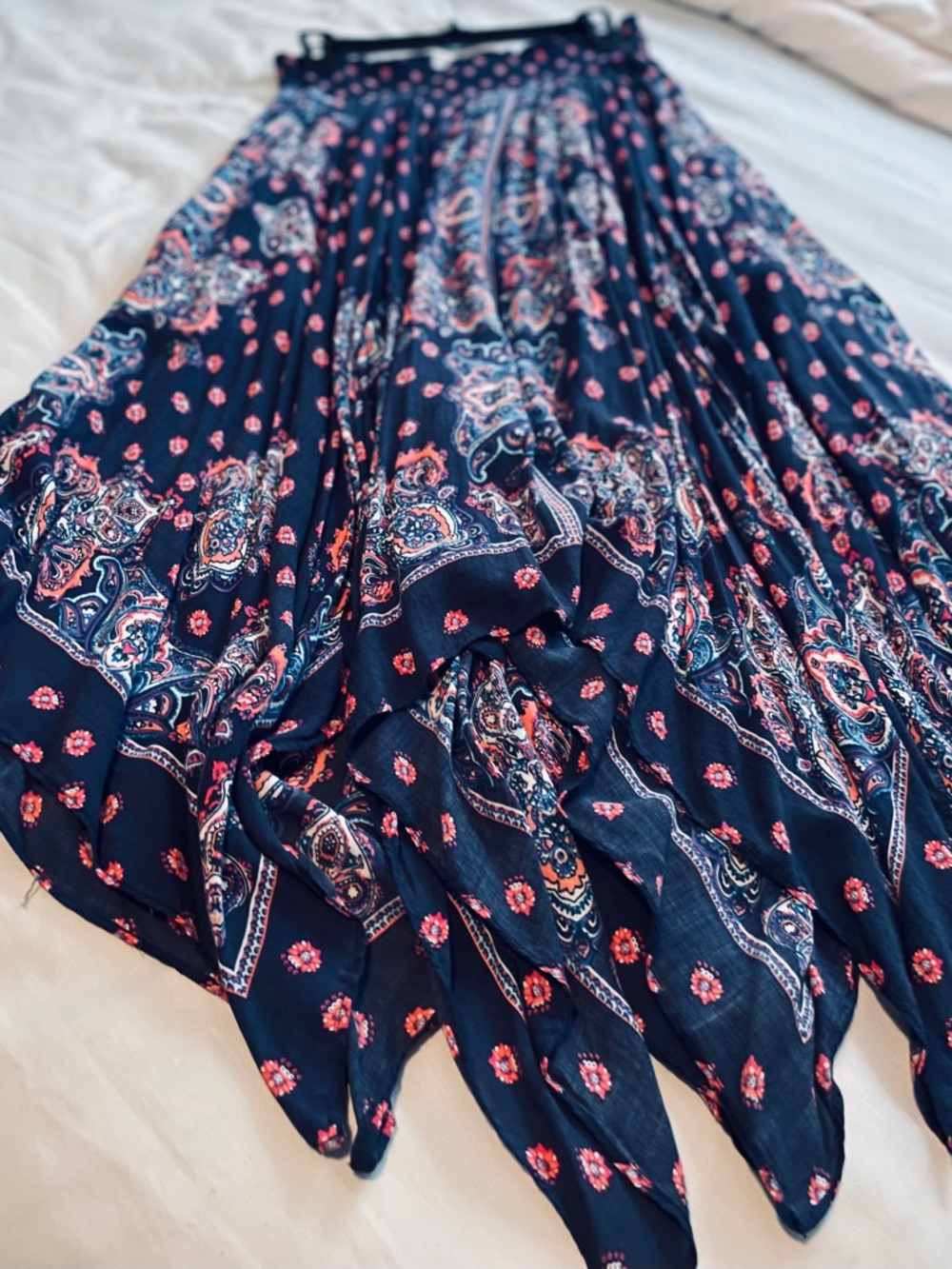 Free People Navy Paisley Handkerchief Hem Maxi Skirt with Coral Accents
